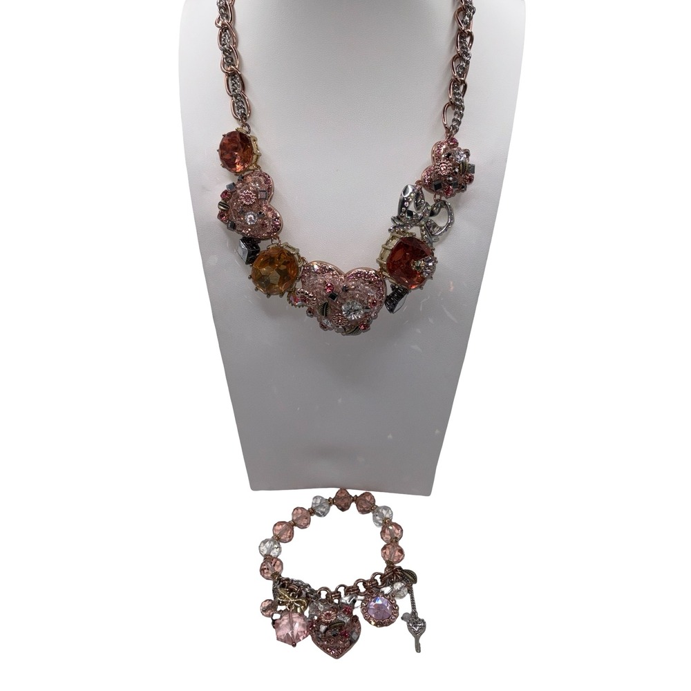 Betsey Johnson Heart Statement Necklace and Charm Bracelet Set Pink Rose Gold - Picture 2 of 3